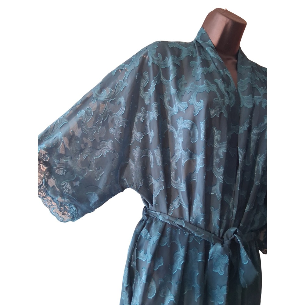 Fredericks of Hollywood Teal Sheer Mesh Lace Trim Robe Damask Scroll Vintage L‎ - Picture 4 of 12